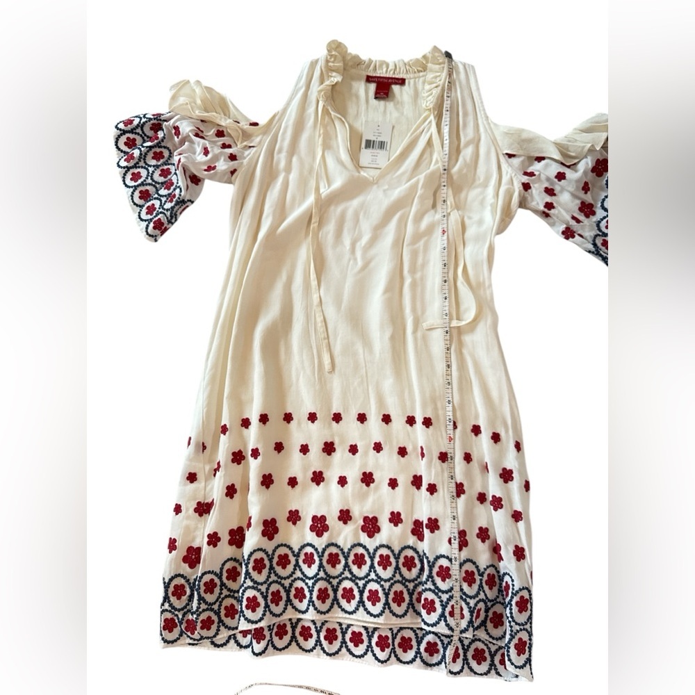 Saks Fifth Avenue Cream Embroidered Cold Shoulder Dress Boho Peasant Tunic Sz M - Picture 9 of 11